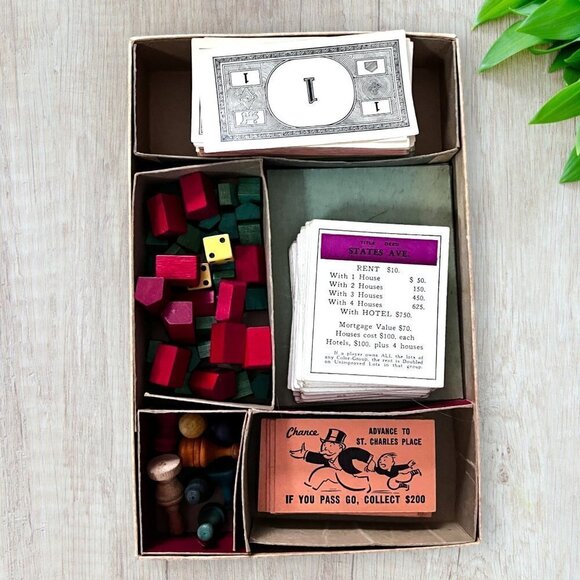 PARKER BROS Vintage 50s  Monopoly Game Wooden Pieces Cards Money Dice COMPLETE - Picture 10 of 10